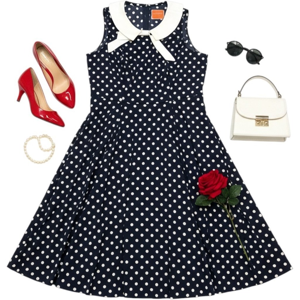 Modcloth Dress Blue Polka Dot A Line Midi 1X Retro Rockabilly Pin Up Swing 60s